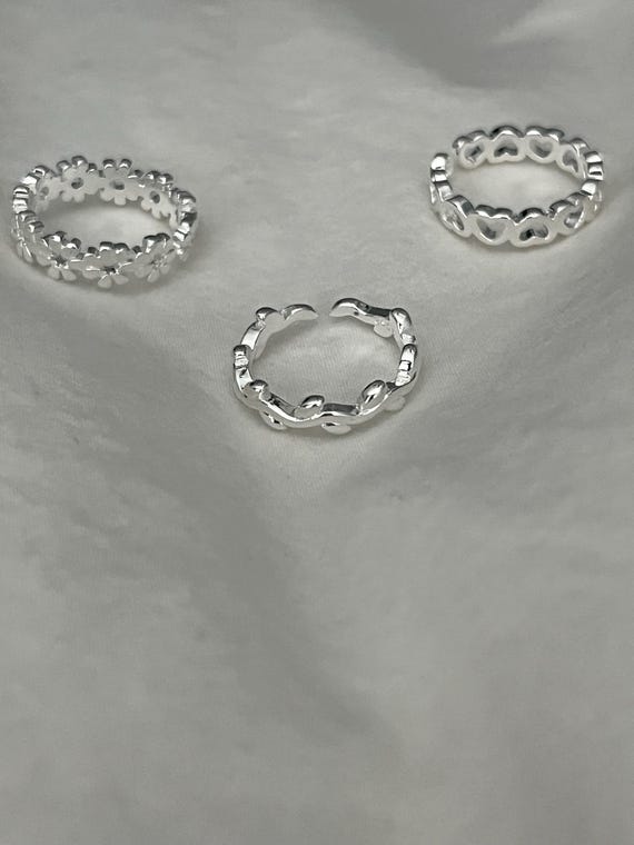 Sterling Silver Adjustable Toe Rings: Floral, Hea… - image 4