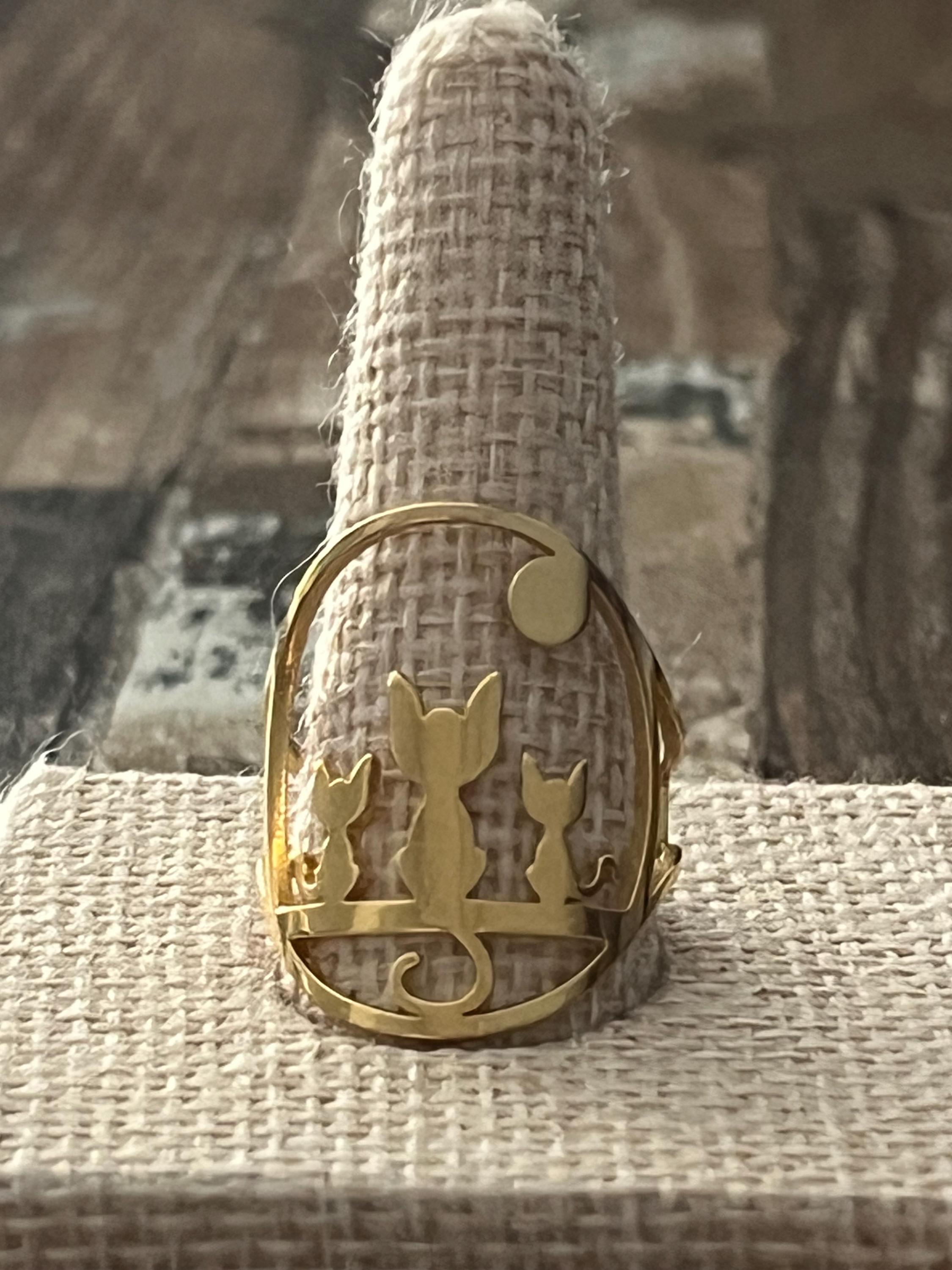 Three Cat Ring, Stainless Steel, 18K Gold Plated, Adjustable Band, Cat ...