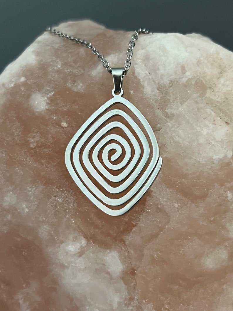 Geometric Spiral Swirl Pendant Necklace, Stainless Steel Silver Pendant