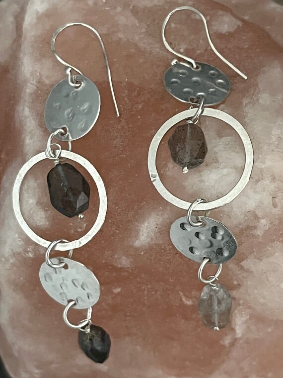 Faceted Labradorite Silver Disk Earrings, 925 Ste… - image 2