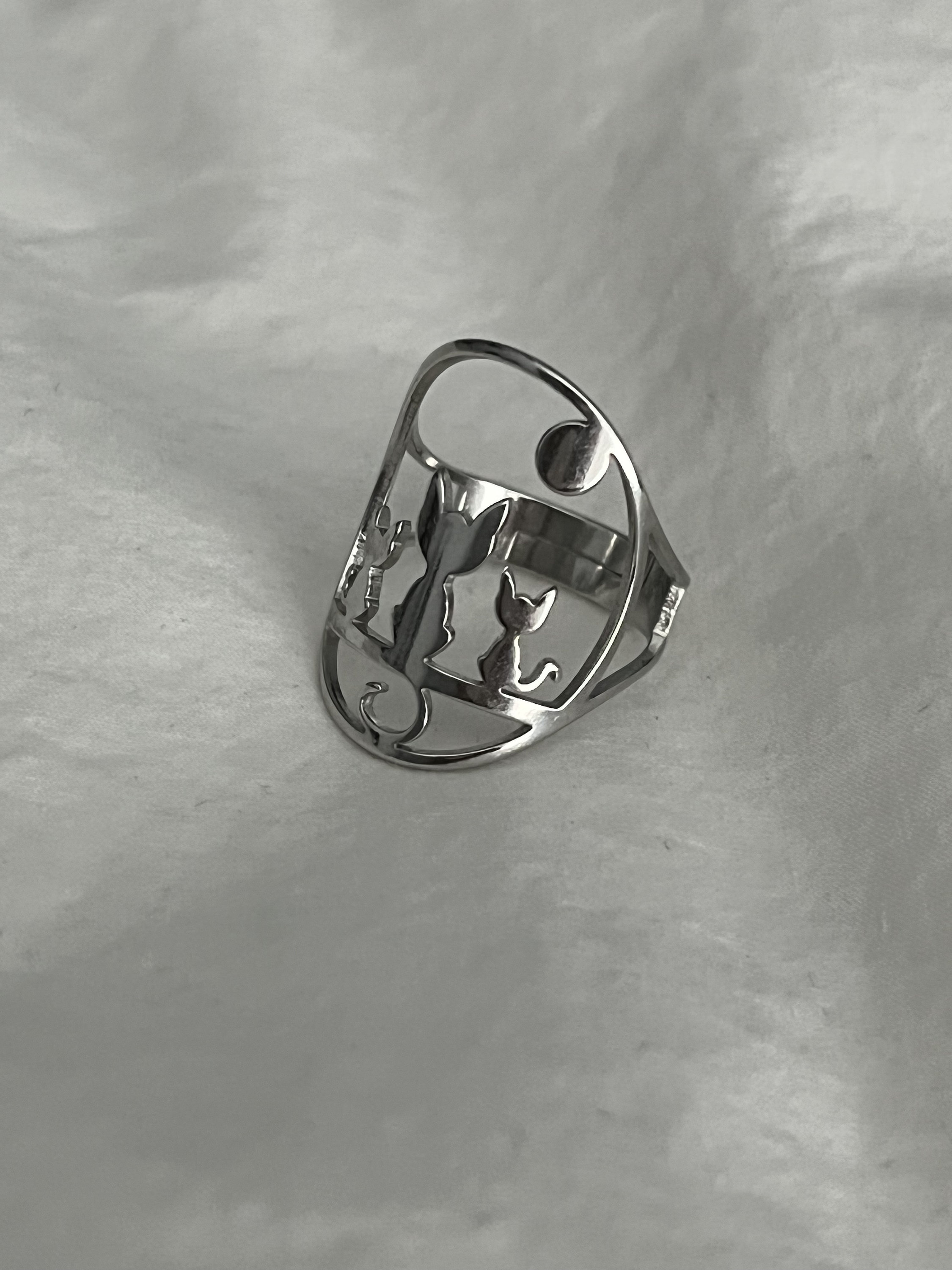 Three Cat Ring, Stainless Steel, 18K Gold Plated, Adjustable Band, Cat ...