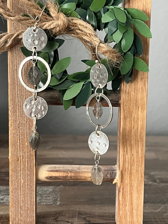 Faceted Labradorite Silver Disk Earrings, 925 Ste… - image 1