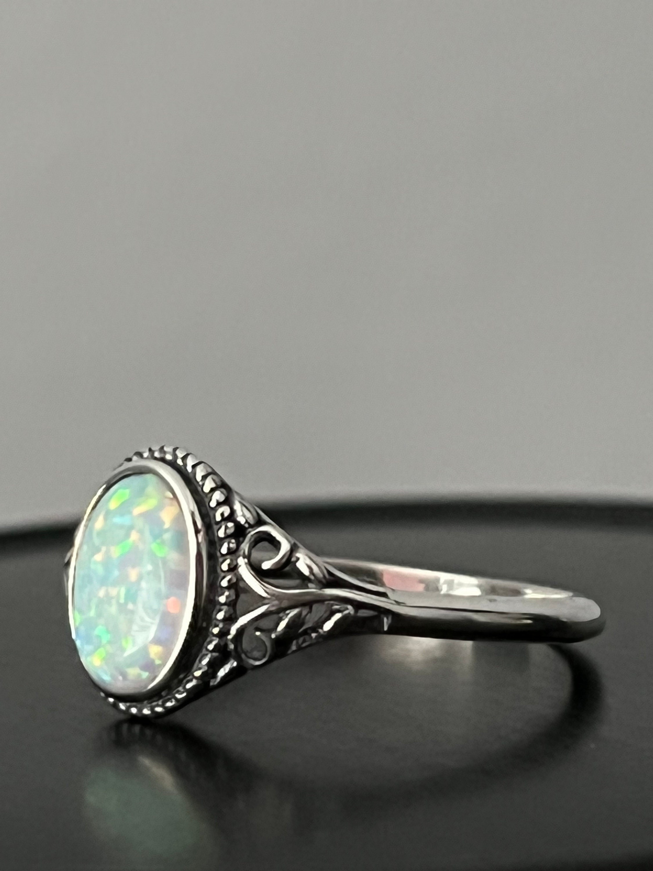 Sterling Silver White Lab Opal Ring, Opal Side Swirls Ring, Opal Ring ...