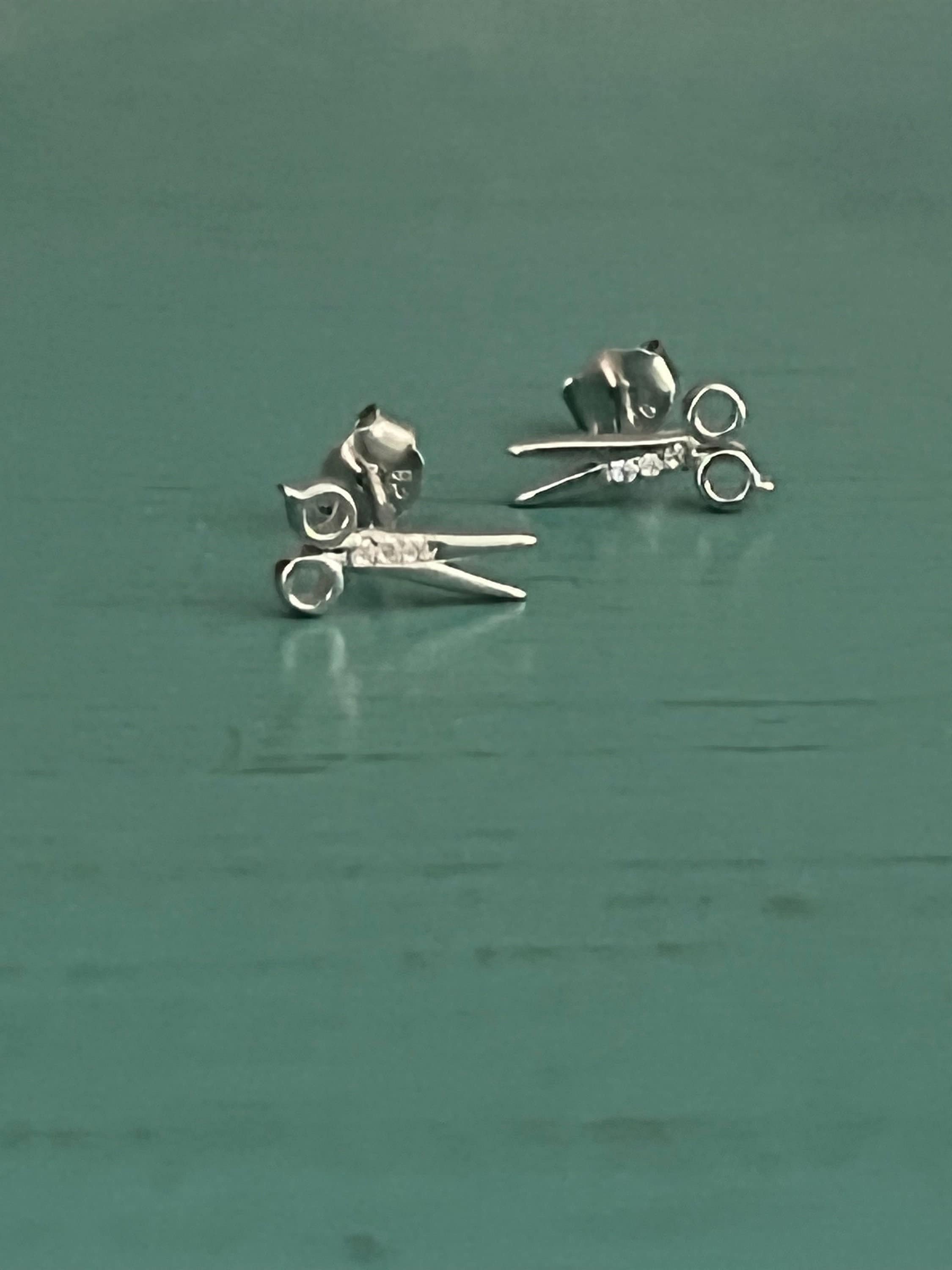 Scissors Silver CZ Earrings, 925 Sterling Silver Studs, Hairstylist