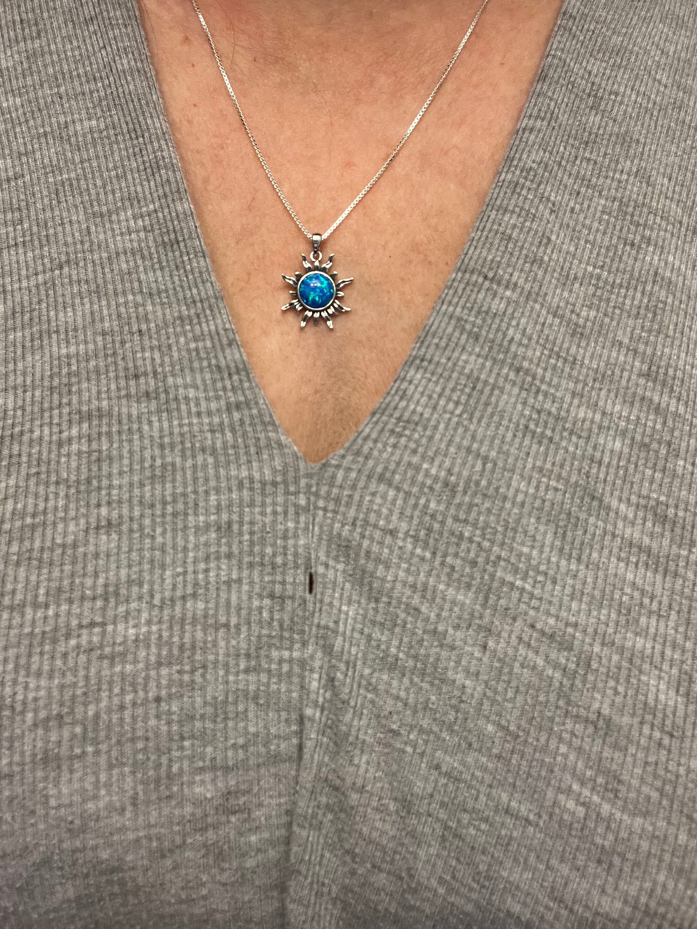 Sterling Silver Sun Pendant Necklace, Blue Lab Opal Silver Pendant ...