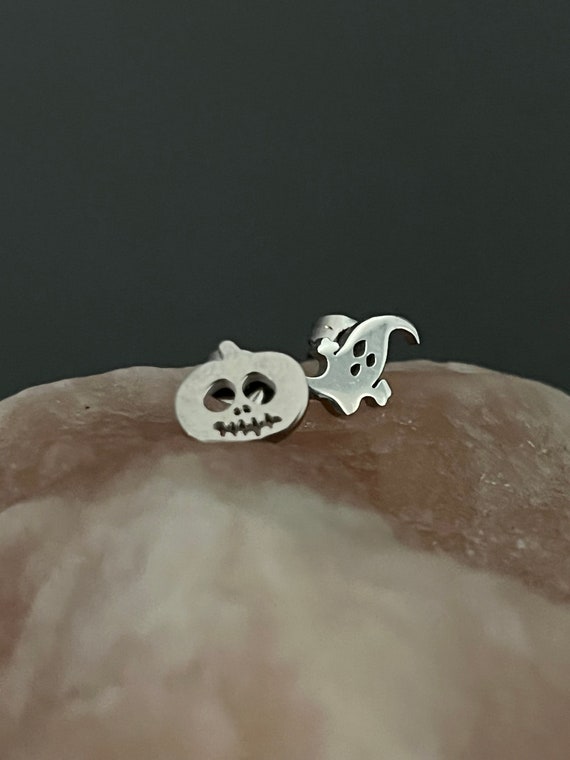 Stainless Steel Ghost & Pumpkin Stud Earrings, Si… - image 7