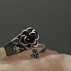 S925 Silver Rose Cross Ring With Red Zirconia - Adjustable - Etsy