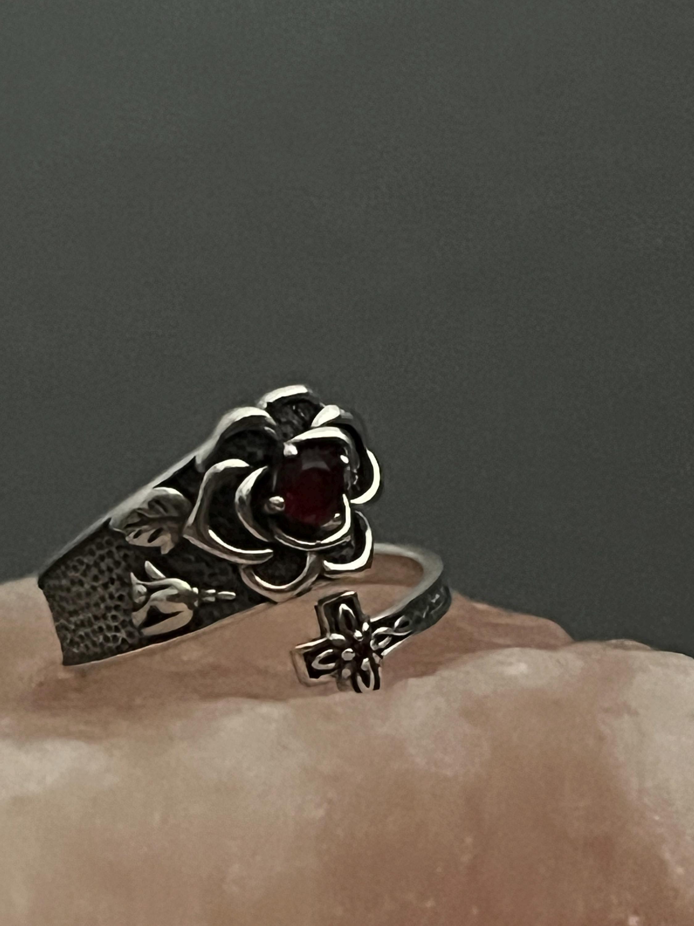 S925 Silver Rose Cross Ring With Red Zirconia - Adjustable - Etsy