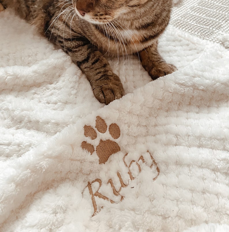 May include: A white plush pet bed with a brown paw print and the name "Ruby" embroidered on it. A brown tabby cat is sitting on the bed.