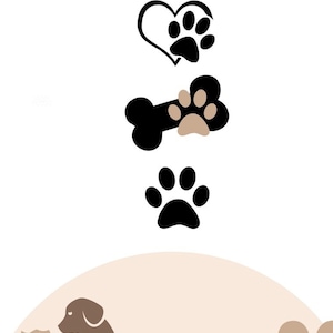 May include: A graphic design illustration of different types of dog paw prints. The illustration includes a paw print inside a heart, a paw print inside a bone, a single paw print, and a dog and cat sitting together. The background is a light brown colour.