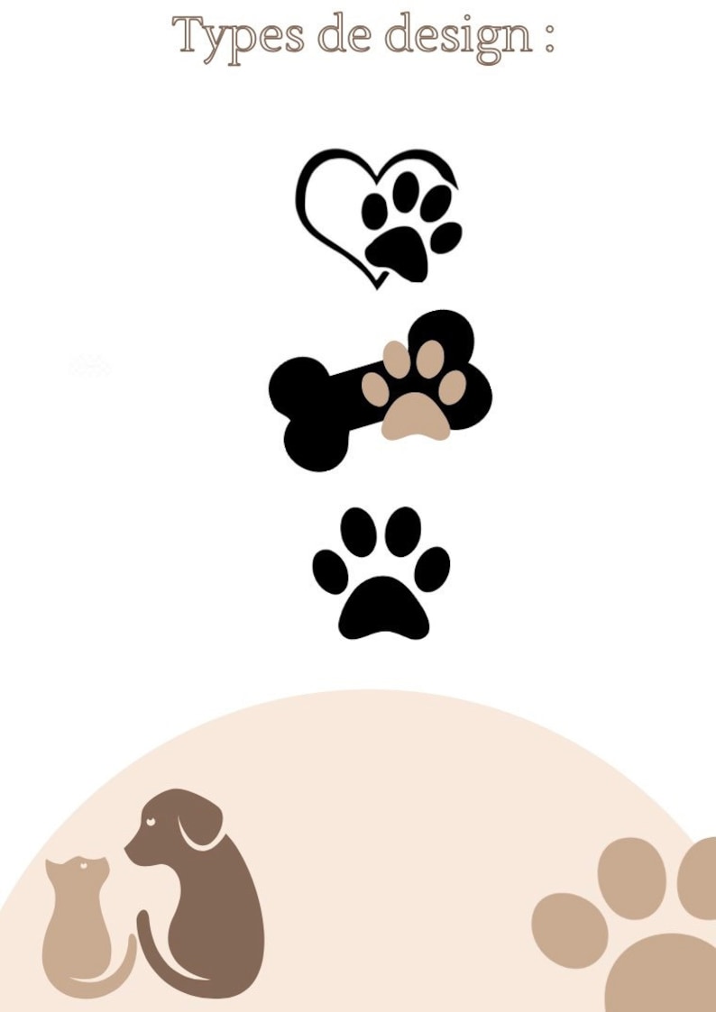 May include: A graphic design illustration of different types of dog paw prints. The illustration includes a paw print inside a heart, a paw print inside a bone, a single paw print, and a dog and cat sitting together. The background is a light brown colour.