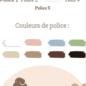May include: A graphic design template featuring a selection of font styles and colour swatches. The text reads "Types de police" and "Couleurs de police". The image also includes a cartoon illustration of a dog and cat.