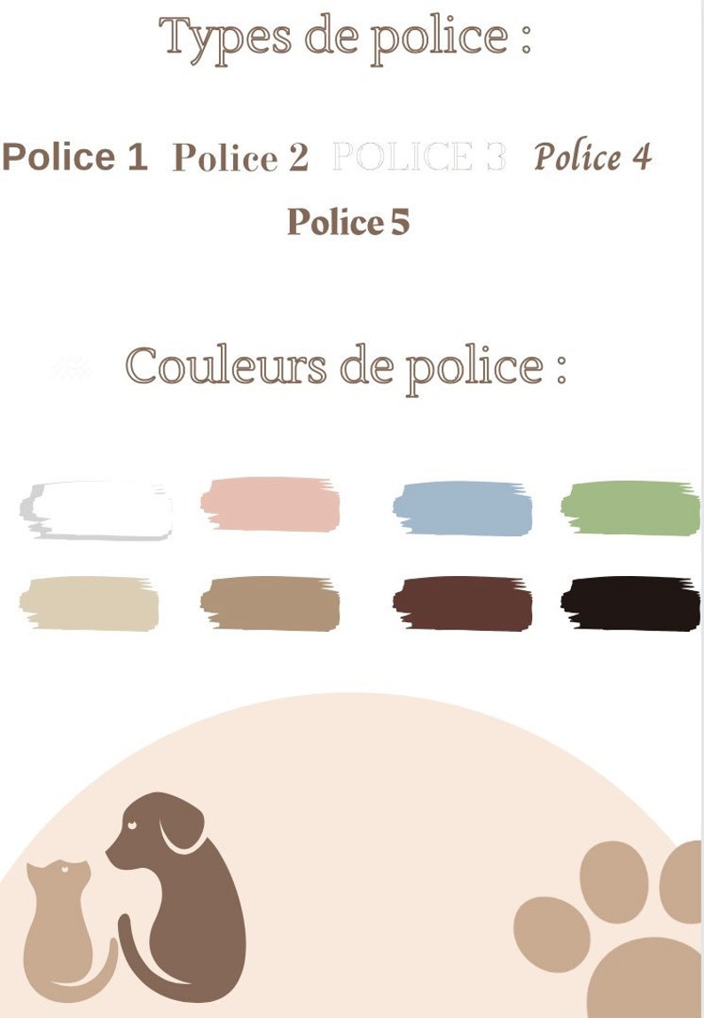 May include: A graphic design template featuring a selection of font styles and colour swatches. The text reads "Types de police" and "Couleurs de police". The image also includes a cartoon illustration of a dog and cat.