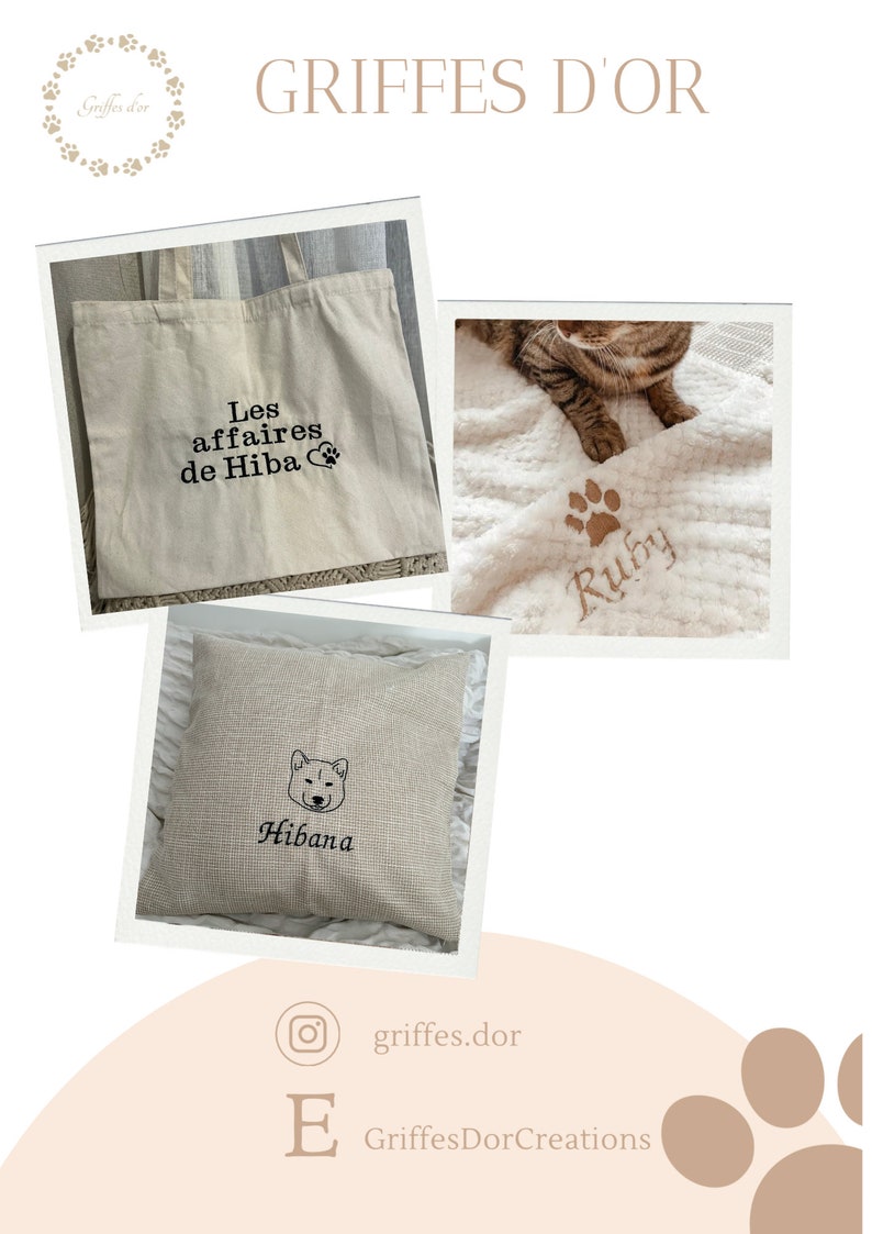 May include: A set of three personalised embroidered items for pets. A white tote bag with the text "Les affaires de Hiba" and a paw print, a white blanket with a brown paw print and the text "Ruby", and a beige pillow with a black silhouette of a dog and the text "Hibana".