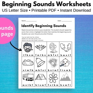 May include: Black and white printable worksheet with the title "Identify Beginning Sounds". The worksheet has four rows of pictures with five letters below each row. The letters are t, f, b, n, and m. The pictures include a bat, a fan, a nest, a bell, a bus, a tent, a flower, and a mountain.