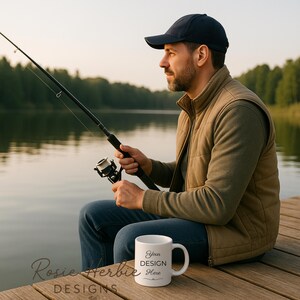釣りマグカップのモックアップ、湖で釣りをする男性のライフスタイルシーン、父の日のマグカップ商品ディスプレイ、お父さんの釣りマグカップのモックアップ、アウトドアマグカップのモックアップ写真