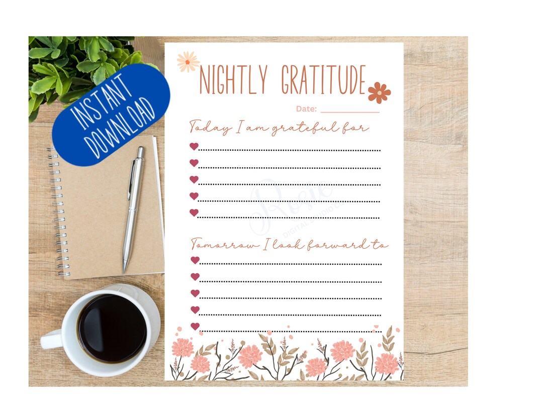 Nightly Gratitude Journal Worksheet Printable Grateful Tracker Daily Blessings for Women Self ...