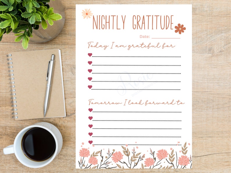 Nightly Gratitude Journal Worksheet Printable Grateful Tracker Daily Blessings for Women Self ...