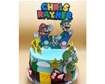 Mario Cake Topper, Full Decor Set, Custom Personalized Name Topper, Includes Super Bros, Yosh, Stars, Clouds, & more!