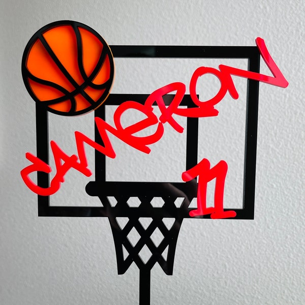 Basketball Hoop Cake Topper, with Name and Age, Personalized Custom Basketball Cake Pick, Choose Your Size, Acrylic