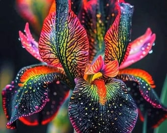 May include: A close-up of a vibrant iris flower with a striking color palette. The petals display a gradient of colors, including black, red, pink, yellow, and green, with intricate patterns and dotted accents. Water droplets add a touch of freshness.