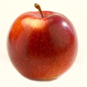 May include: A red apple with a green stem. The apple has a smooth, shiny skin and is slightly bruised on the side.