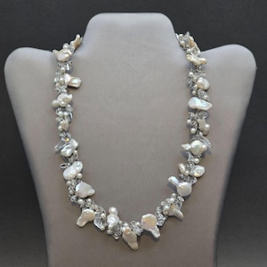 Vintage Keshi Pearl Crystal Wire Multi Strand Necklace Iridescent Statement 18"