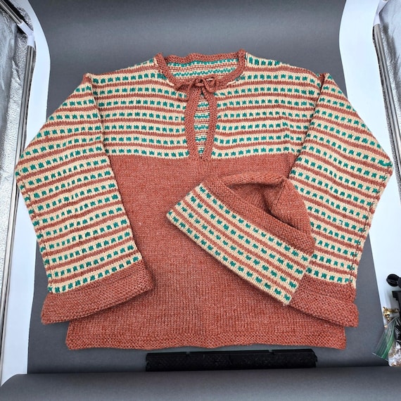 Vintage Hand Knit Korsnas Style Sweater Hat Set LG Salmon Geometric Nordic Wool