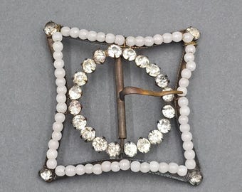 Antique Paste Stone Sash Buckle White Glass Bead Brass Edwardian Belt Clip