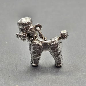 May include: A silver poodle charm with detailed fur texture. The charm is standing on four legs, with a loop at the top for attachment. The poodle has a distinctive, fluffy hairstyle and tail.