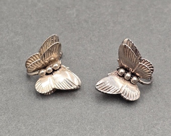 Vintage Sterling Silver Butterfly Earrings 3D Double Wing 1940s Screw Back