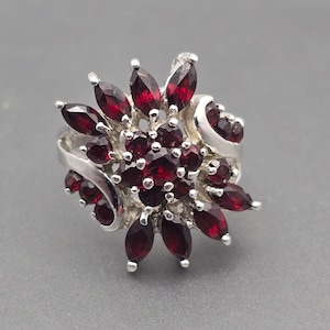 Puede incluir: Un anillo de plata con un grupo de piedras preciosas granate facetadas de color rojo intenso. El diseño incluye una disposición central de piedras redondas rodeadas por piedras de corte marquesa, montadas en una banda de metal plateado pulido.