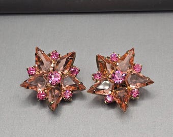 Vintage roze strass Starburst clip-on oorbellen perzik midden van de eeuw modern