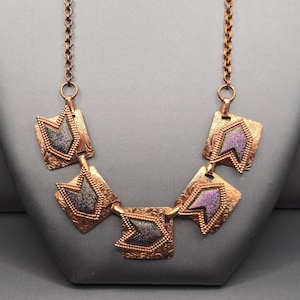 Vintage Kupfer Konfetti Lucite Halskette 16 "Color Shift Avantgarde Panel Link