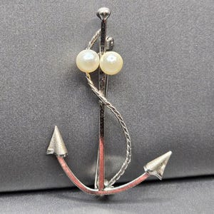 Vintage De Curtis DCE Sterling Silver Pearl Anchor Brooch Nautical 1.75" Pin