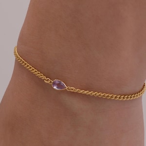 Amethyst Drop Bracelet + 14k yellow gold - Minimalist Stone Bracelet with gold chain - Genuine Amethyst Bracelet gift for him and her