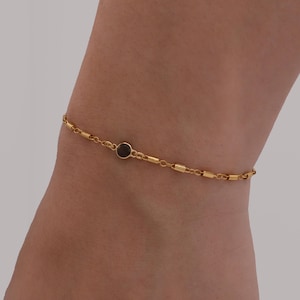 Black Spinel Bracelet + 14K Gold Barrel Chain - Genuine Black Spinel Birthstone Bracelet - Gift For Best Friend, Gift for her and him