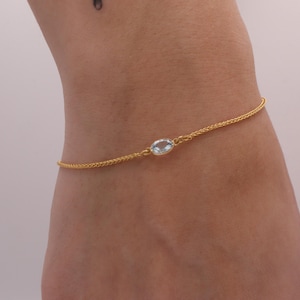 Pulsera de piedra natal de aguamarina genuina: joyería con piedra natal de marzo, regalo de cumpleaños de aguamarina genuina en oro de 14 quilates, regalo de San Valentín para ella