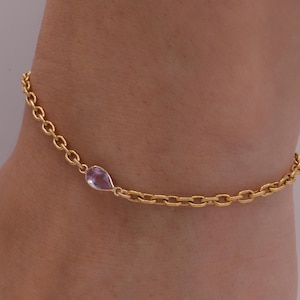 Pear-Shaped Drop Amethyst Bracelet – February Genuine Birthstone, 14K Gold Bracelet, Minimalist Gift for Her, February Gift for wife