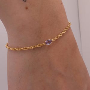 Pear-Shaped Drop Amethyst Bracelet – February Genuine Birthstone, 14K Gold Bracelet, Minimalist Gift for Her, Personalized February Gift.