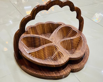 Handmade wooden Basket. Foldable Fruit Basket With Handle, heart Shaped,