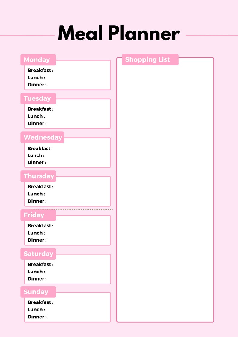 Blank Digital Printable Daily and Weekly Meal Planner With Grocery List ...