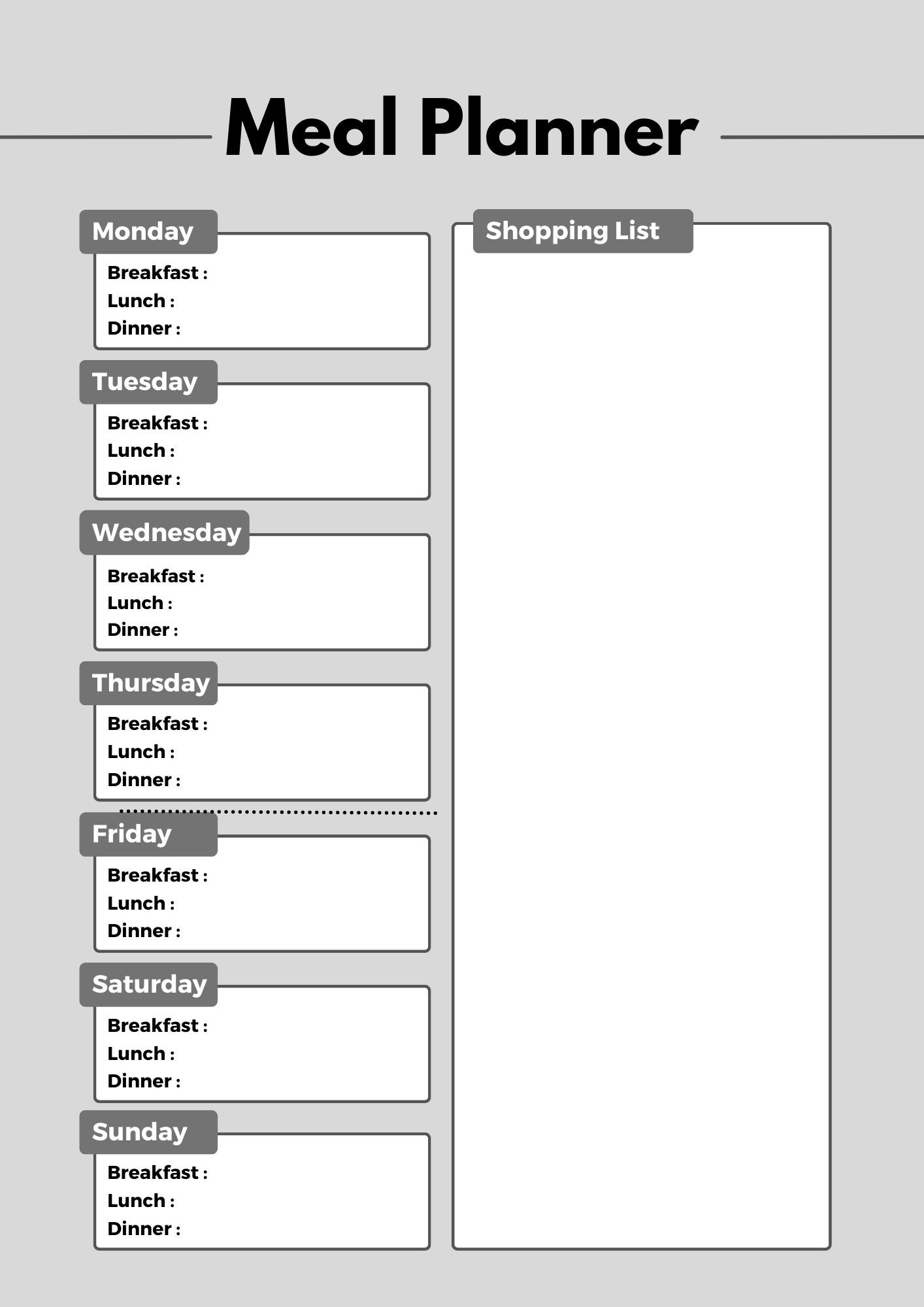 Blank Digital Printable Daily and Weekly Meal Planner With Grocery List ...
