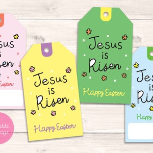 Jesús ha resucitado etiqueta de regalo de Pascua, Él ha resucitado etiqueta de Pascua imprimible, etiqueta de nombre de la cesta de Pascua religiosa, regalos de Pascua de la escuela dominical, archivo digital