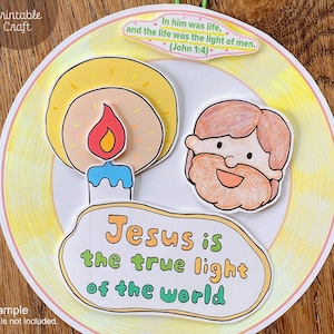 Light of the World Craft, Sunday School Printable, Christian Kids Activity, Bible Lesson Craft, Kids Bible Coloring, Wall Hanging Craft