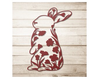 Floral Bunny Metal Wall Art - Rabbit Decor for Home Living Space