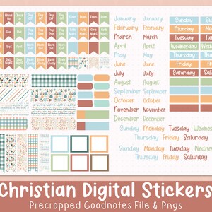May include: A set of digital stickers for Goodnotes featuring a variety of designs, including floral patterns, plaid patterns, and solid colors. The stickers are precropped and include months of the year, days of the week, and other useful labels. The stickers are in a variety of colors, including blue, green, orange, and brown.