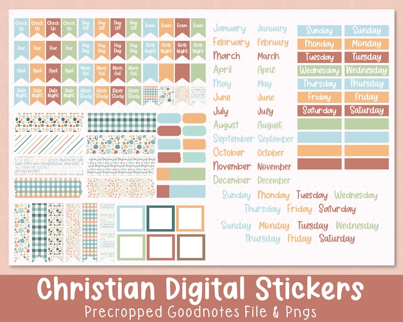 May include: A set of digital stickers for Goodnotes featuring a variety of designs, including floral patterns, plaid patterns, and solid colors. The stickers are precropped and include months of the year, days of the week, and other useful labels. The stickers are in a variety of colors, including blue, green, orange, and brown.