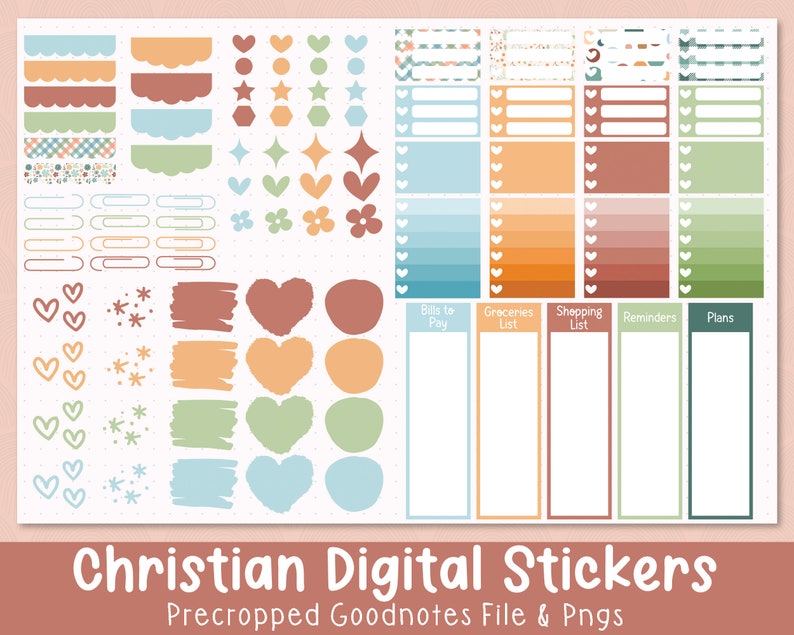 May include: A digital sticker set with a Christian theme. The stickers feature a variety of colors, including brown, orange, blue, green, and white. The stickers are precropped for use with Goodnotes and include PNG files. The stickers include a variety of shapes, including hearts, stars, and circles. The stickers also include text, such as "Bills to Pay", "Groceries List", "Shopping List", "Reminders", and "Plans".