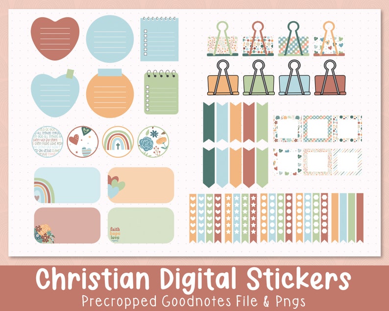 May include: A set of digital stickers with a Christian theme. The stickers feature a variety of designs, including hearts, rainbows, flowers, and text. The stickers are precropped for use in Goodnotes and as PNG files.